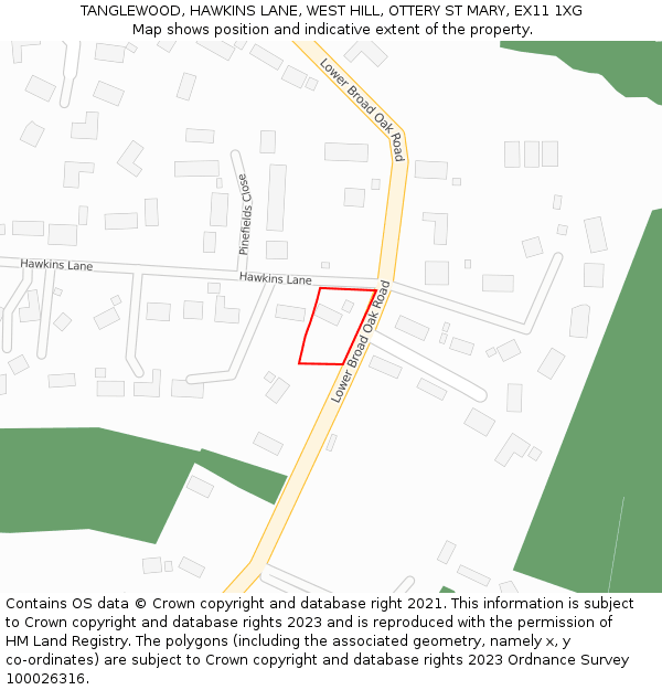 TANGLEWOOD, HAWKINS LANE, WEST HILL, OTTERY ST MARY, EX11 1XG: Location map and indicative extent of plot