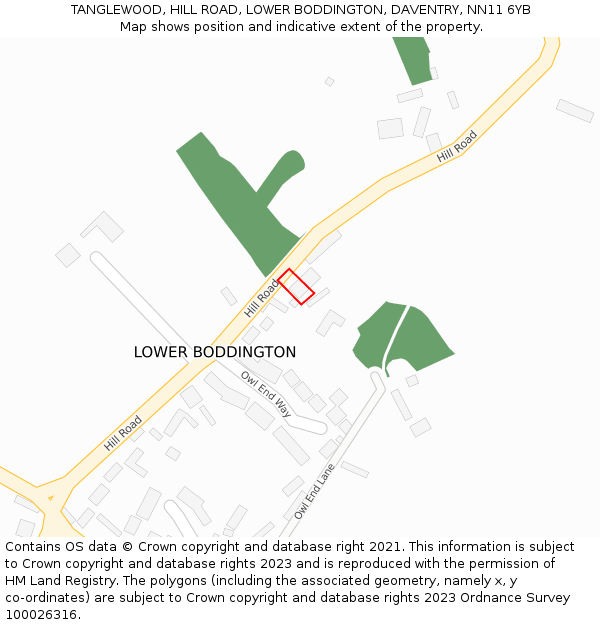 TANGLEWOOD, HILL ROAD, LOWER BODDINGTON, DAVENTRY, NN11 6YB: Location map and indicative extent of plot