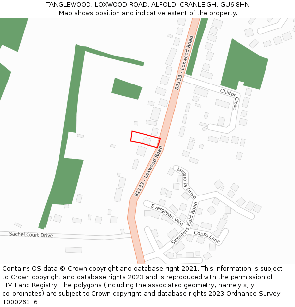 TANGLEWOOD, LOXWOOD ROAD, ALFOLD, CRANLEIGH, GU6 8HN: Location map and indicative extent of plot