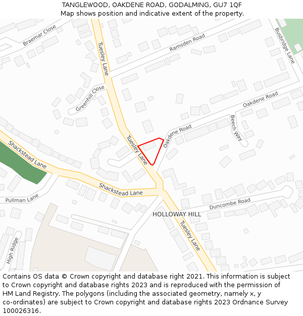 TANGLEWOOD, OAKDENE ROAD, GODALMING, GU7 1QF: Location map and indicative extent of plot