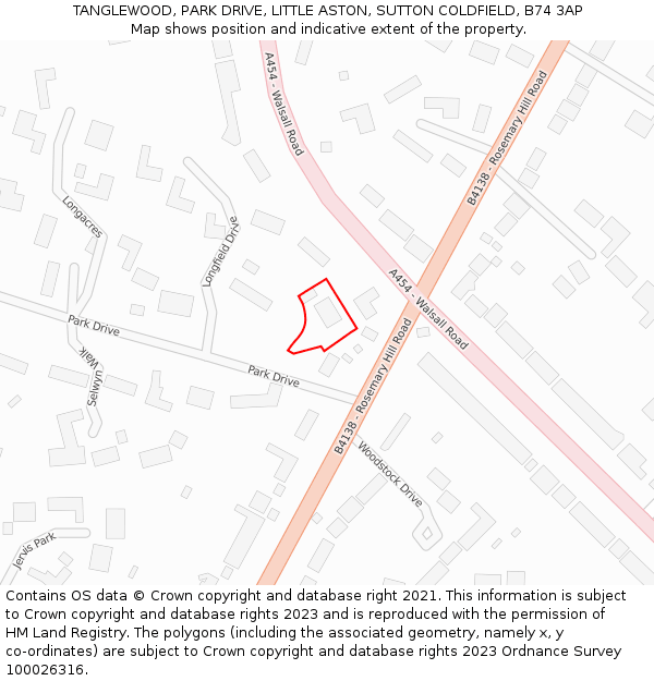 TANGLEWOOD, PARK DRIVE, LITTLE ASTON, SUTTON COLDFIELD, B74 3AP: Location map and indicative extent of plot