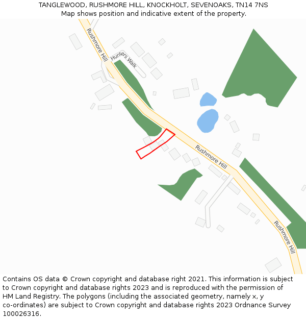 TANGLEWOOD, RUSHMORE HILL, KNOCKHOLT, SEVENOAKS, TN14 7NS: Location map and indicative extent of plot