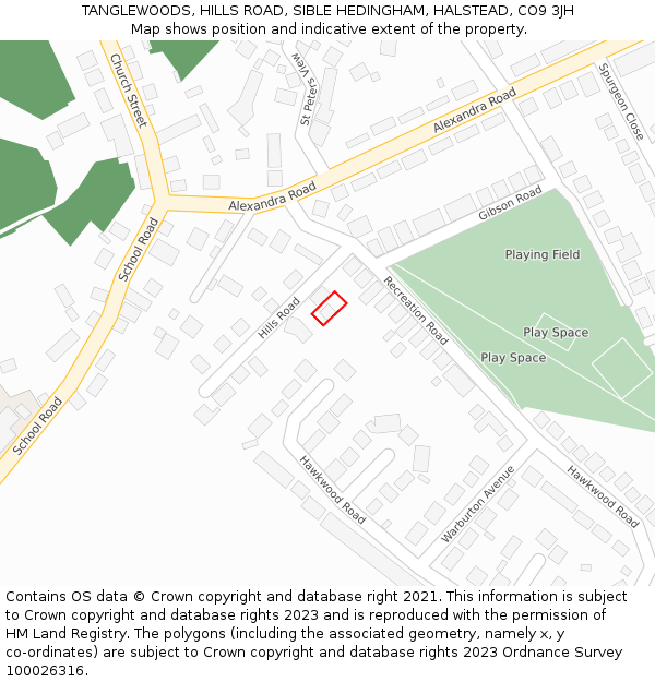 TANGLEWOODS, HILLS ROAD, SIBLE HEDINGHAM, HALSTEAD, CO9 3JH: Location map and indicative extent of plot
