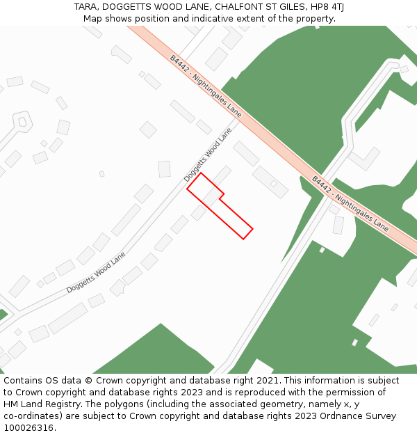 TARA, DOGGETTS WOOD LANE, CHALFONT ST GILES, HP8 4TJ: Location map and indicative extent of plot