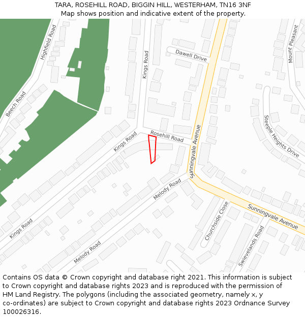 TARA, ROSEHILL ROAD, BIGGIN HILL, WESTERHAM, TN16 3NF: Location map and indicative extent of plot