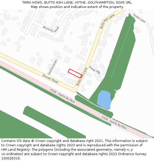 TARN HOWS, BUTTS ASH LANE, HYTHE, SOUTHAMPTON, SO45 3RL: Location map and indicative extent of plot