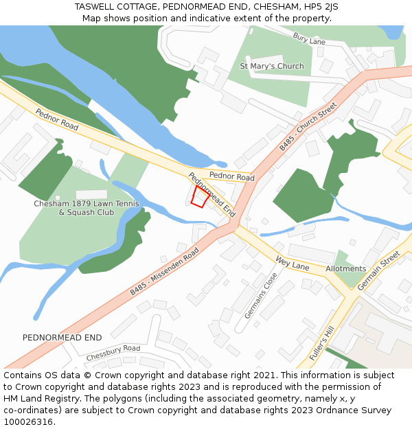 TASWELL COTTAGE, PEDNORMEAD END, CHESHAM, HP5 2JS: Location map and indicative extent of plot