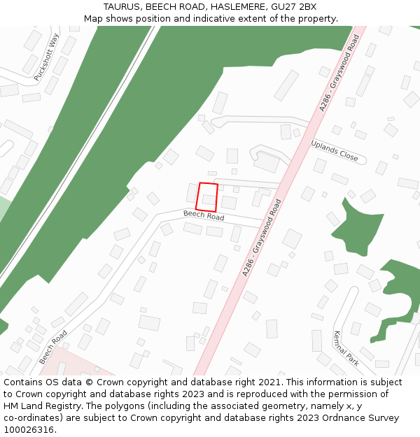 TAURUS, BEECH ROAD, HASLEMERE, GU27 2BX: Location map and indicative extent of plot