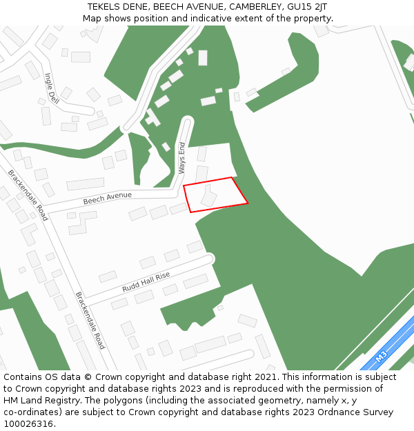 TEKELS DENE, BEECH AVENUE, CAMBERLEY, GU15 2JT: Location map and indicative extent of plot