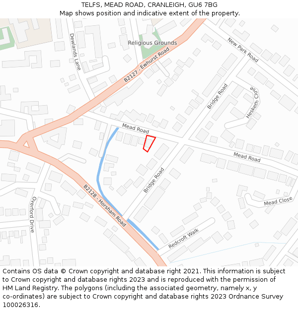 TELFS, MEAD ROAD, CRANLEIGH, GU6 7BG: Location map and indicative extent of plot