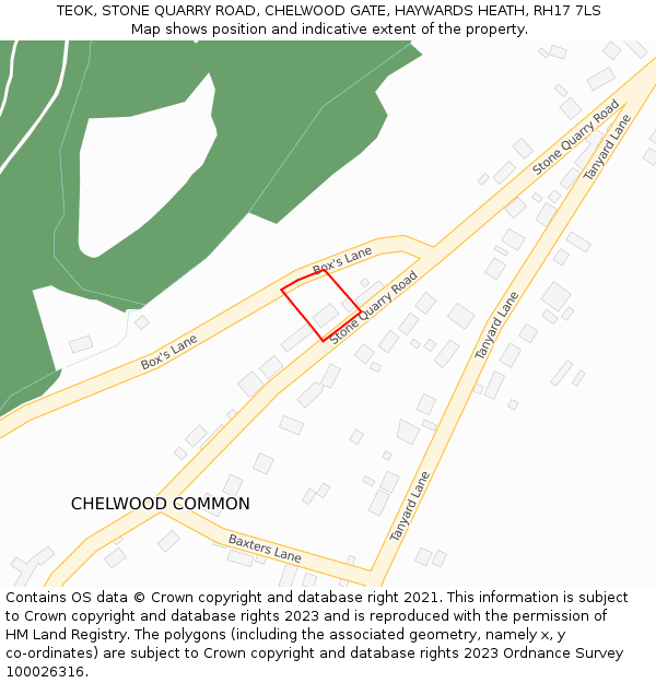 TEOK, STONE QUARRY ROAD, CHELWOOD GATE, HAYWARDS HEATH, RH17 7LS: Location map and indicative extent of plot