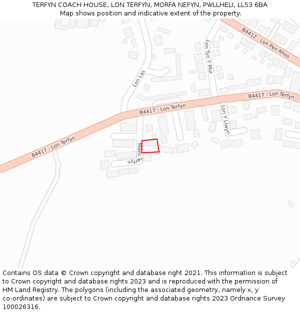 TERFYN COACH HOUSE, LON TERFYN, MORFA NEFYN, PWLLHELI, LL53 6BA: Location map and indicative extent of plot