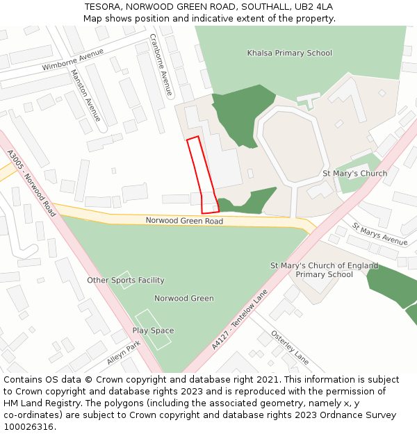 TESORA, NORWOOD GREEN ROAD, SOUTHALL, UB2 4LA: Location map and indicative extent of plot