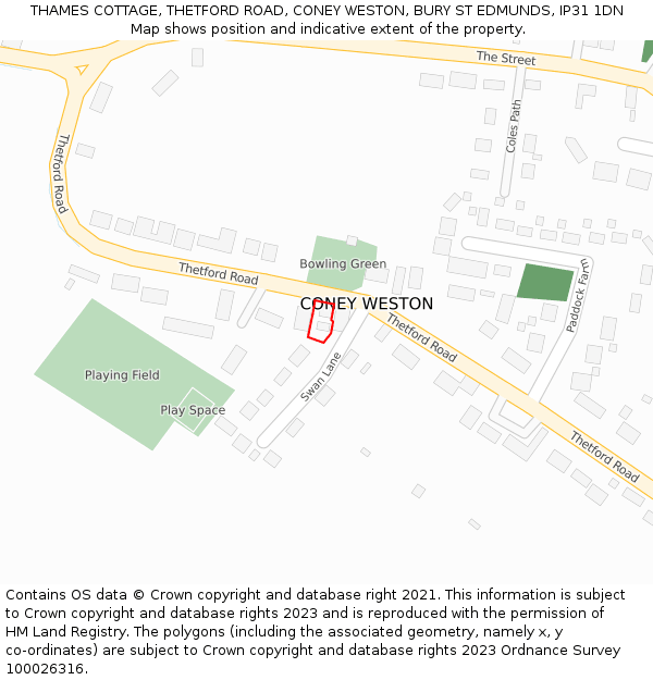 THAMES COTTAGE, THETFORD ROAD, CONEY WESTON, BURY ST EDMUNDS, IP31 1DN: Location map and indicative extent of plot