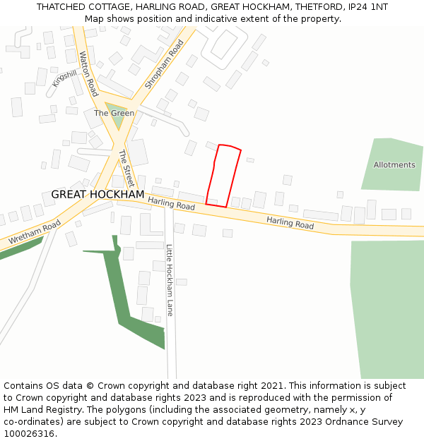 THATCHED COTTAGE, HARLING ROAD, GREAT HOCKHAM, THETFORD, IP24 1NT: Location map and indicative extent of plot