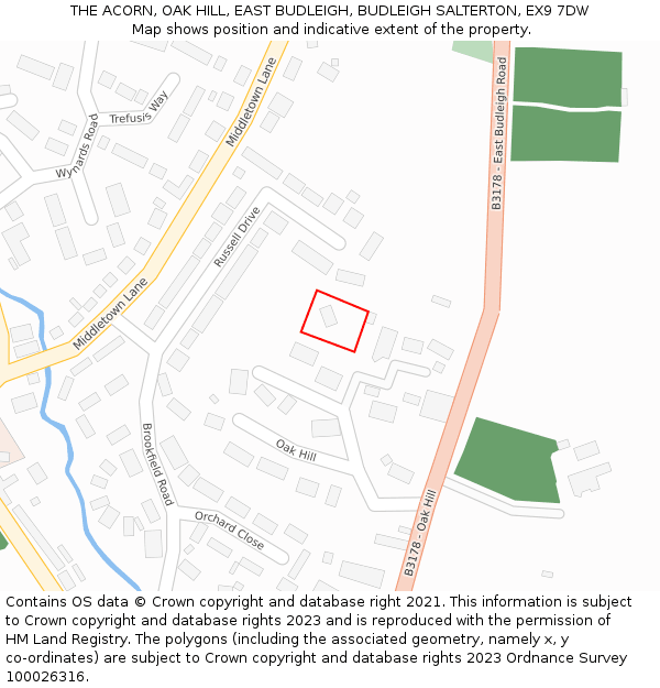 THE ACORN, OAK HILL, EAST BUDLEIGH, BUDLEIGH SALTERTON, EX9 7DW: Location map and indicative extent of plot