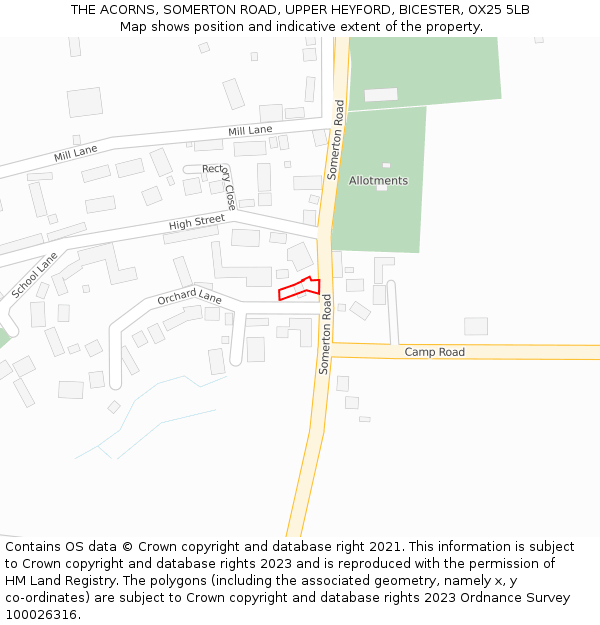 THE ACORNS, SOMERTON ROAD, UPPER HEYFORD, BICESTER, OX25 5LB: Location map and indicative extent of plot