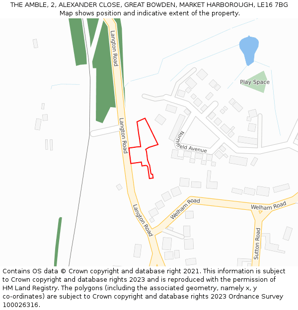 THE AMBLE, 2, ALEXANDER CLOSE, GREAT BOWDEN, MARKET HARBOROUGH, LE16 7BG: Location map and indicative extent of plot