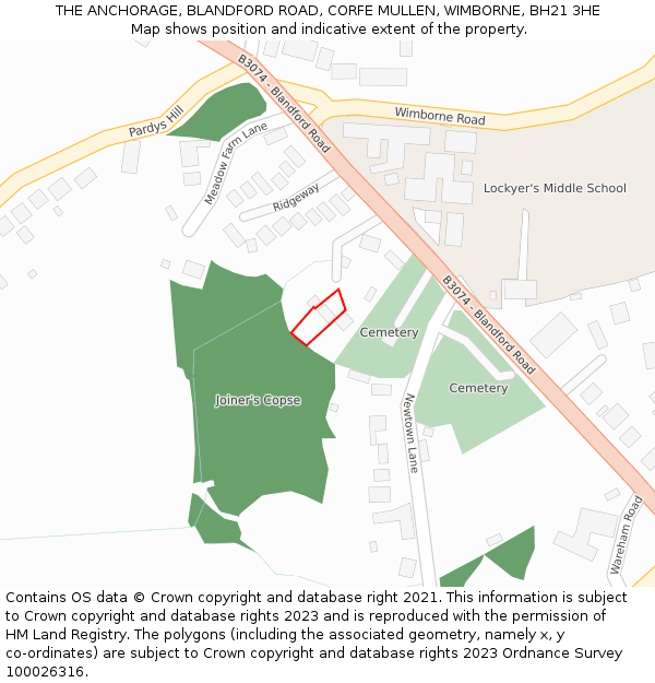 THE ANCHORAGE, BLANDFORD ROAD, CORFE MULLEN, WIMBORNE, BH21 3HE: Location map and indicative extent of plot