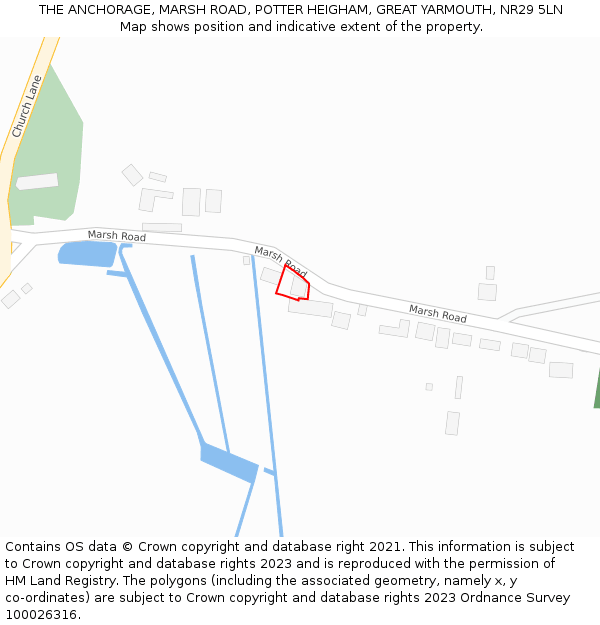 THE ANCHORAGE, MARSH ROAD, POTTER HEIGHAM, GREAT YARMOUTH, NR29 5LN: Location map and indicative extent of plot