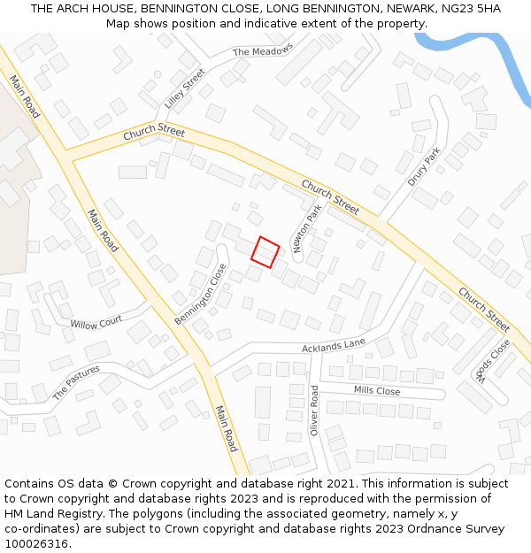 THE ARCH HOUSE, BENNINGTON CLOSE, LONG BENNINGTON, NEWARK, NG23 5HA: Location map and indicative extent of plot