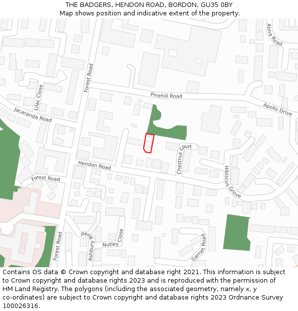 THE BADGERS, HENDON ROAD, BORDON, GU35 0BY: Location map and indicative extent of plot