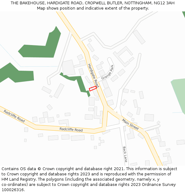 THE BAKEHOUSE, HARDIGATE ROAD, CROPWELL BUTLER, NOTTINGHAM, NG12 3AH: Location map and indicative extent of plot