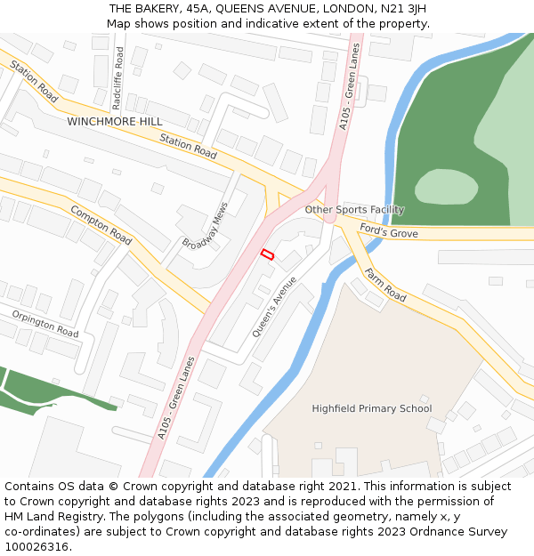 THE BAKERY, 45A, QUEENS AVENUE, LONDON, N21 3JH: Location map and indicative extent of plot