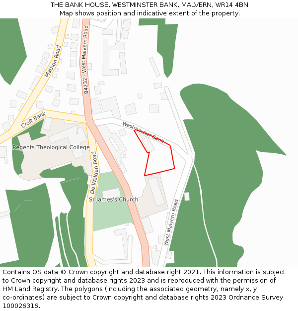 THE BANK HOUSE, WESTMINSTER BANK, MALVERN, WR14 4BN: Location map and indicative extent of plot