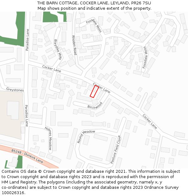 THE BARN COTTAGE, COCKER LANE, LEYLAND, PR26 7SU: Location map and indicative extent of plot