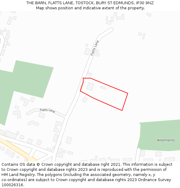 THE BARN, FLATTS LANE, TOSTOCK, BURY ST EDMUNDS, IP30 9NZ: Location map and indicative extent of plot