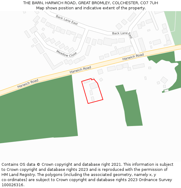 THE BARN, HARWICH ROAD, GREAT BROMLEY, COLCHESTER, CO7 7UH: Location map and indicative extent of plot