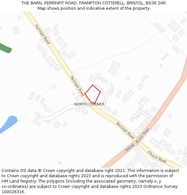 THE BARN, PERRINPIT ROAD, FRAMPTON COTTERELL, BRISTOL, BS36 2AR: Location map and indicative extent of plot