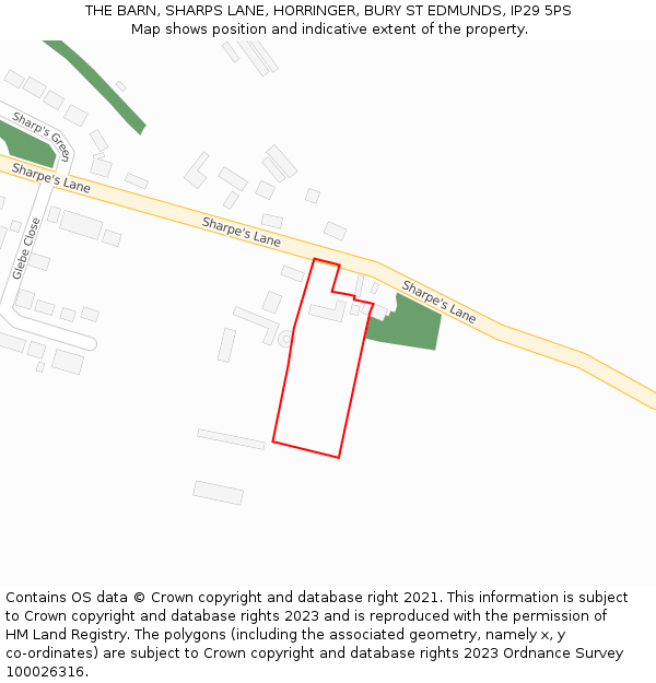 THE BARN, SHARPS LANE, HORRINGER, BURY ST EDMUNDS, IP29 5PS: Location map and indicative extent of plot