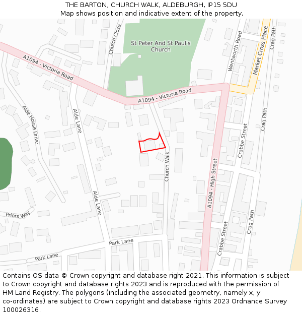 THE BARTON, CHURCH WALK, ALDEBURGH, IP15 5DU: Location map and indicative extent of plot