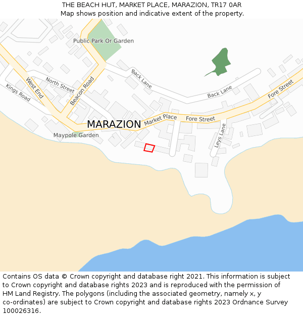 THE BEACH HUT, MARKET PLACE, MARAZION, TR17 0AR: Location map and indicative extent of plot