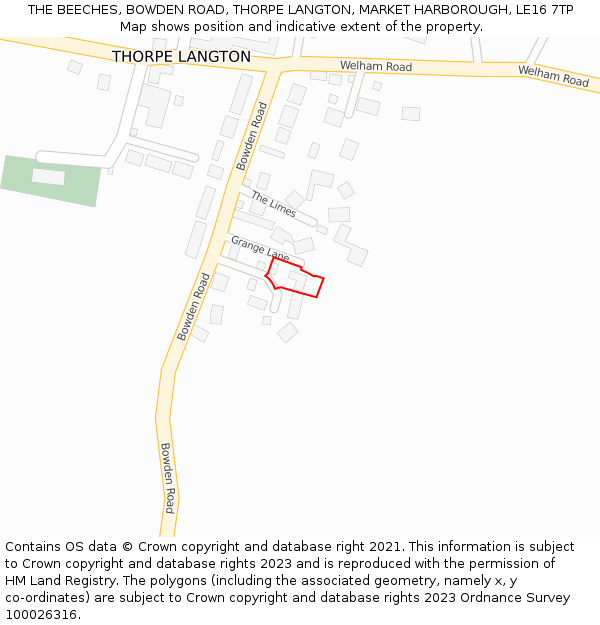 THE BEECHES, BOWDEN ROAD, THORPE LANGTON, MARKET HARBOROUGH, LE16 7TP: Location map and indicative extent of plot