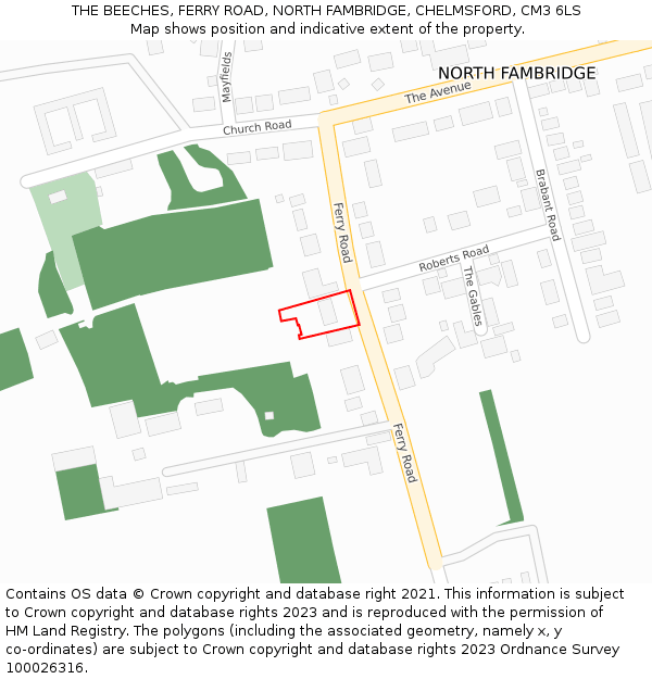 THE BEECHES, FERRY ROAD, NORTH FAMBRIDGE, CHELMSFORD, CM3 6LS: Location map and indicative extent of plot