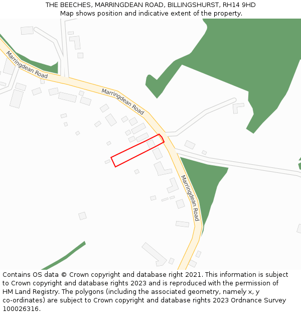 THE BEECHES, MARRINGDEAN ROAD, BILLINGSHURST, RH14 9HD: Location map and indicative extent of plot