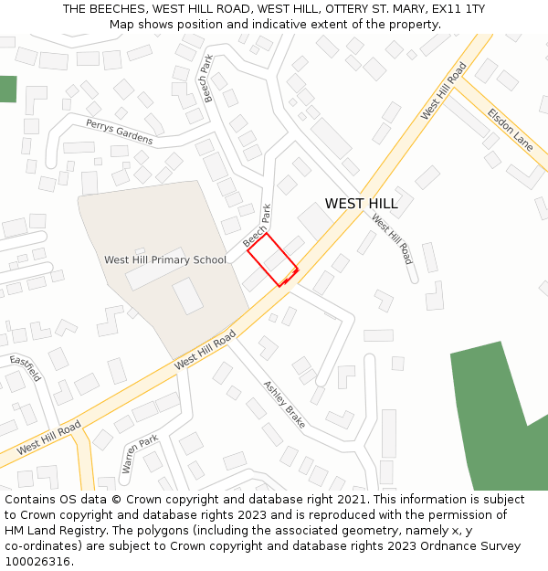 THE BEECHES, WEST HILL ROAD, WEST HILL, OTTERY ST. MARY, EX11 1TY: Location map and indicative extent of plot