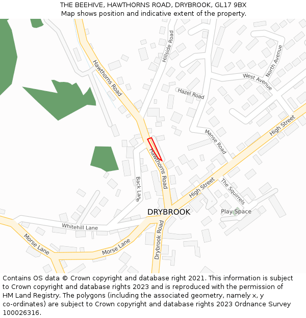 THE BEEHIVE, HAWTHORNS ROAD, DRYBROOK, GL17 9BX: Location map and indicative extent of plot