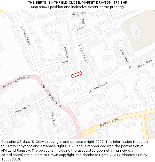 THE BERYS, SMITHFIELD CLOSE, MARKET DRAYTON, TF9 1HR: Location map and indicative extent of plot