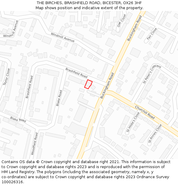 THE BIRCHES, BRASHFIELD ROAD, BICESTER, OX26 3HF: Location map and indicative extent of plot