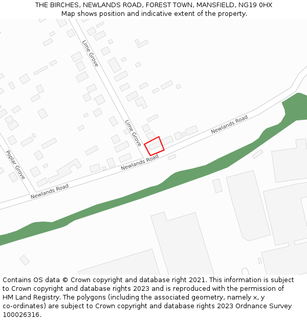 THE BIRCHES, NEWLANDS ROAD, FOREST TOWN, MANSFIELD, NG19 0HX: Location map and indicative extent of plot