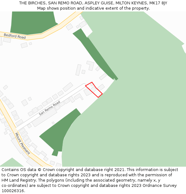 THE BIRCHES, SAN REMO ROAD, ASPLEY GUISE, MILTON KEYNES, MK17 8JY: Location map and indicative extent of plot