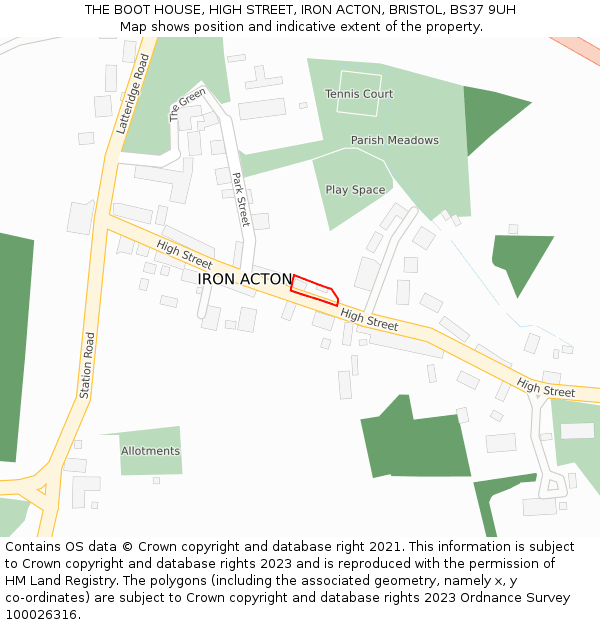 THE BOOT HOUSE, HIGH STREET, IRON ACTON, BRISTOL, BS37 9UH: Location map and indicative extent of plot