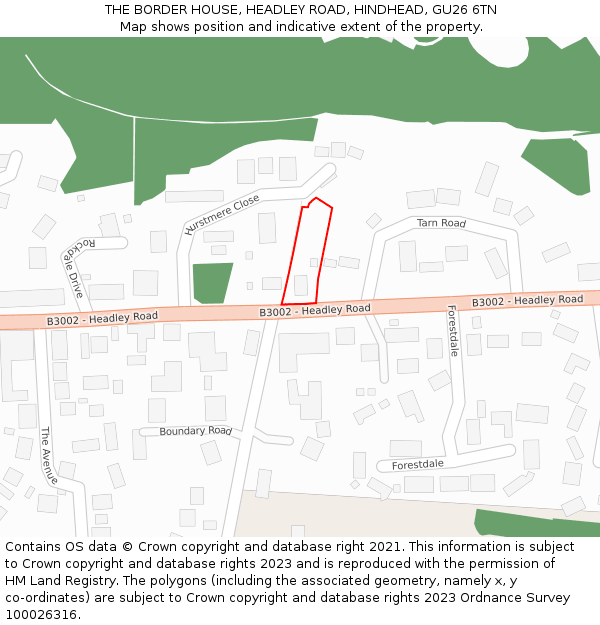 THE BORDER HOUSE, HEADLEY ROAD, HINDHEAD, GU26 6TN: Location map and indicative extent of plot