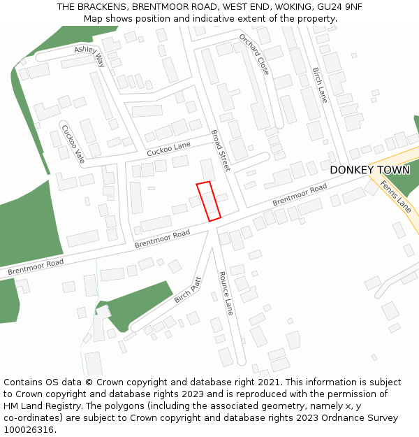 THE BRACKENS, BRENTMOOR ROAD, WEST END, WOKING, GU24 9NF: Location map and indicative extent of plot