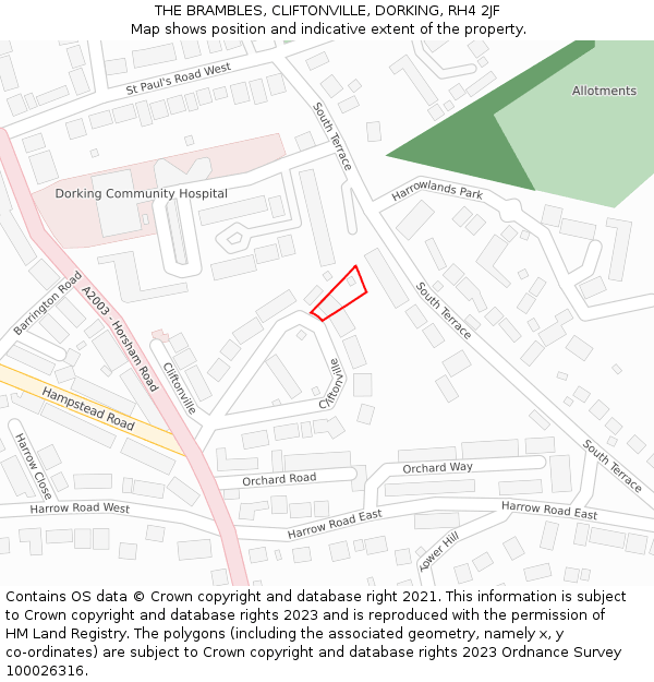 THE BRAMBLES, CLIFTONVILLE, DORKING, RH4 2JF: Location map and indicative extent of plot