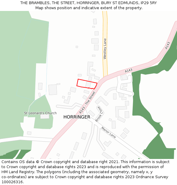 THE BRAMBLES, THE STREET, HORRINGER, BURY ST EDMUNDS, IP29 5RY: Location map and indicative extent of plot